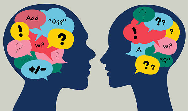 Male And Female Heads With Thought Bubbles. Communication, dialogue concept. Vector.