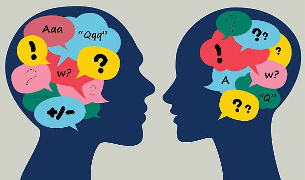 Male And Female Heads With Thought Bubbles. Communication, dialogue concept. Vector.